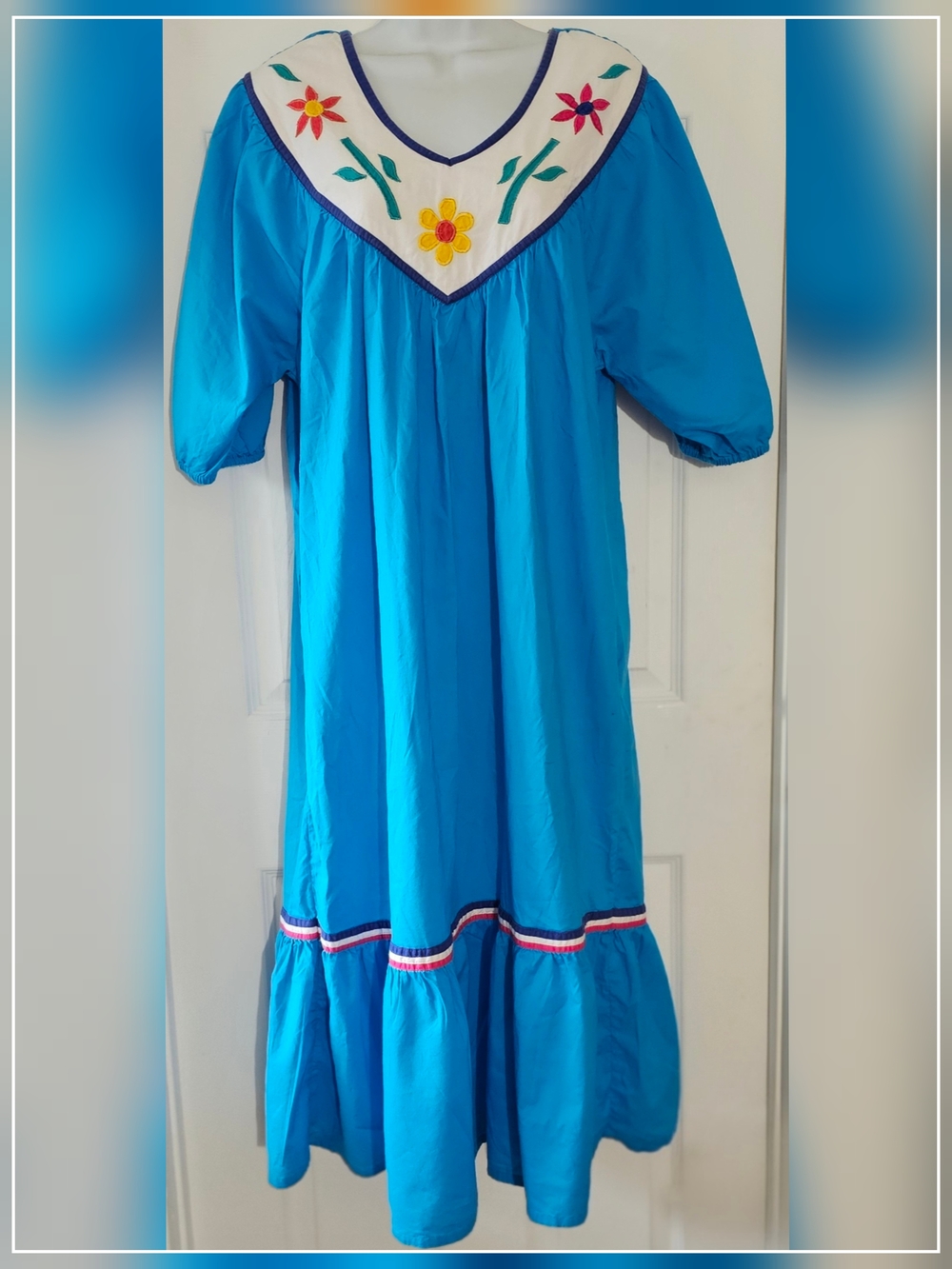 Vintage Chandni Dress Blue Embroidered Floral Puffed Sleeve 1980s